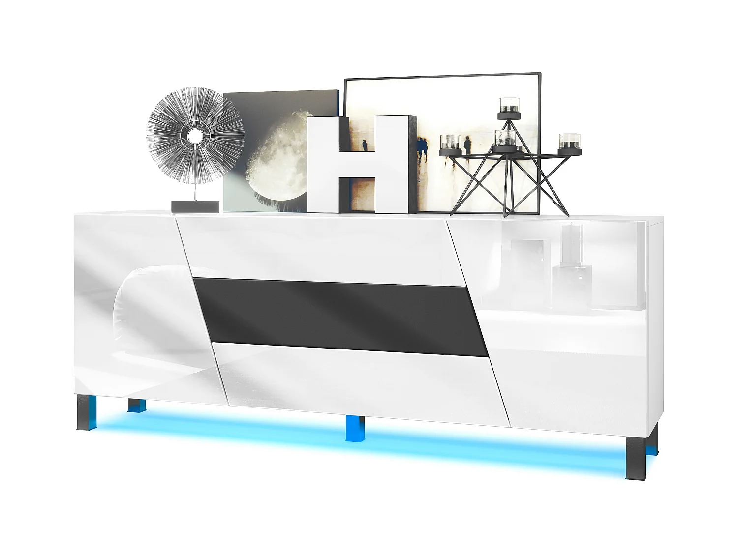 Sideboard Houston, commode suspendue avec 2 portes et 3 tiroirs, blanc mat/blanc brillant, tiroir central noir mat, LED incluse (178x57,5x38,5 cm)