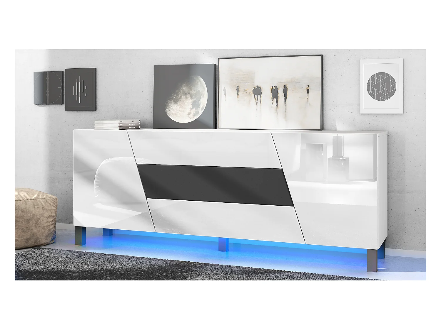 Sideboard Houston, commode suspendue avec 2 portes et 3 tiroirs, blanc mat/blanc brillant, tiroir central noir mat, LED incluse (178x57,5x38,5 cm)