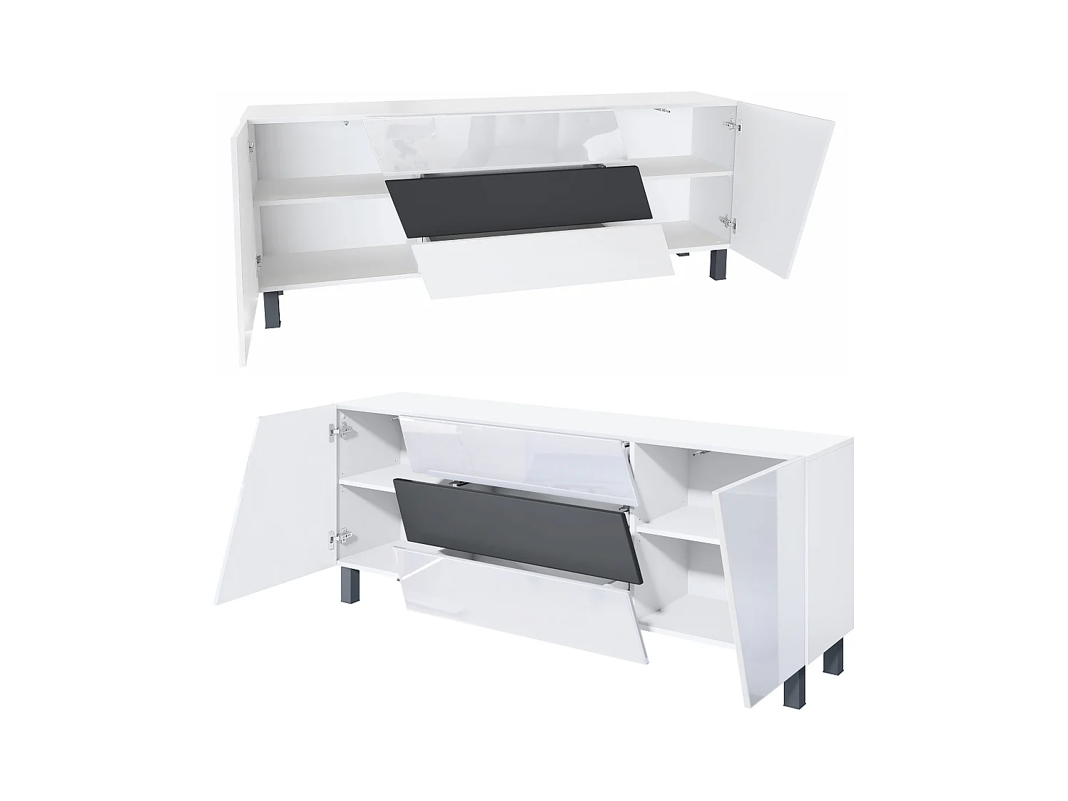 Sideboard Houston, commode suspendue avec 2 portes et 3 tiroirs, blanc mat/blanc brillant, tiroir central noir mat, LED incluse (178x57,5x38,5 cm)