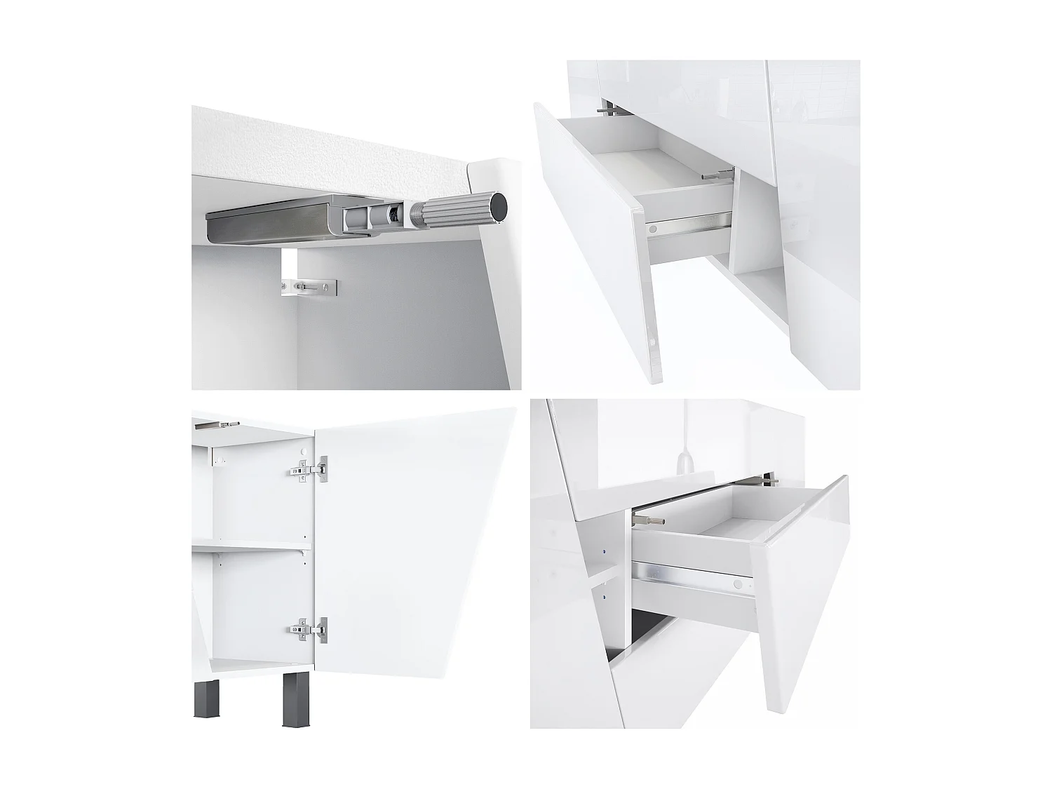 Sideboard Houston, commode suspendue avec 2 portes et 3 tiroirs, blanc mat/blanc brillant, tiroir central noir mat, LED incluse (178x57,5x38,5 cm)