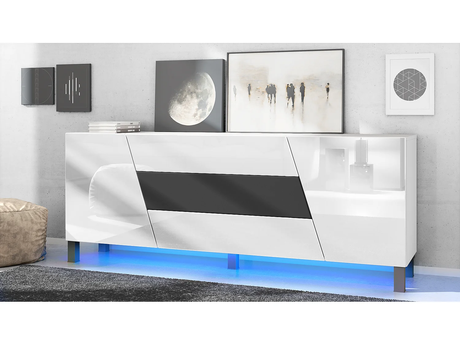 Sideboard Houston, commode suspendue avec 2 portes et 3 tiroirs, blanc mat/blanc brillant, tiroir central noir mat, LED incluse (178x57,5x38,5 cm)