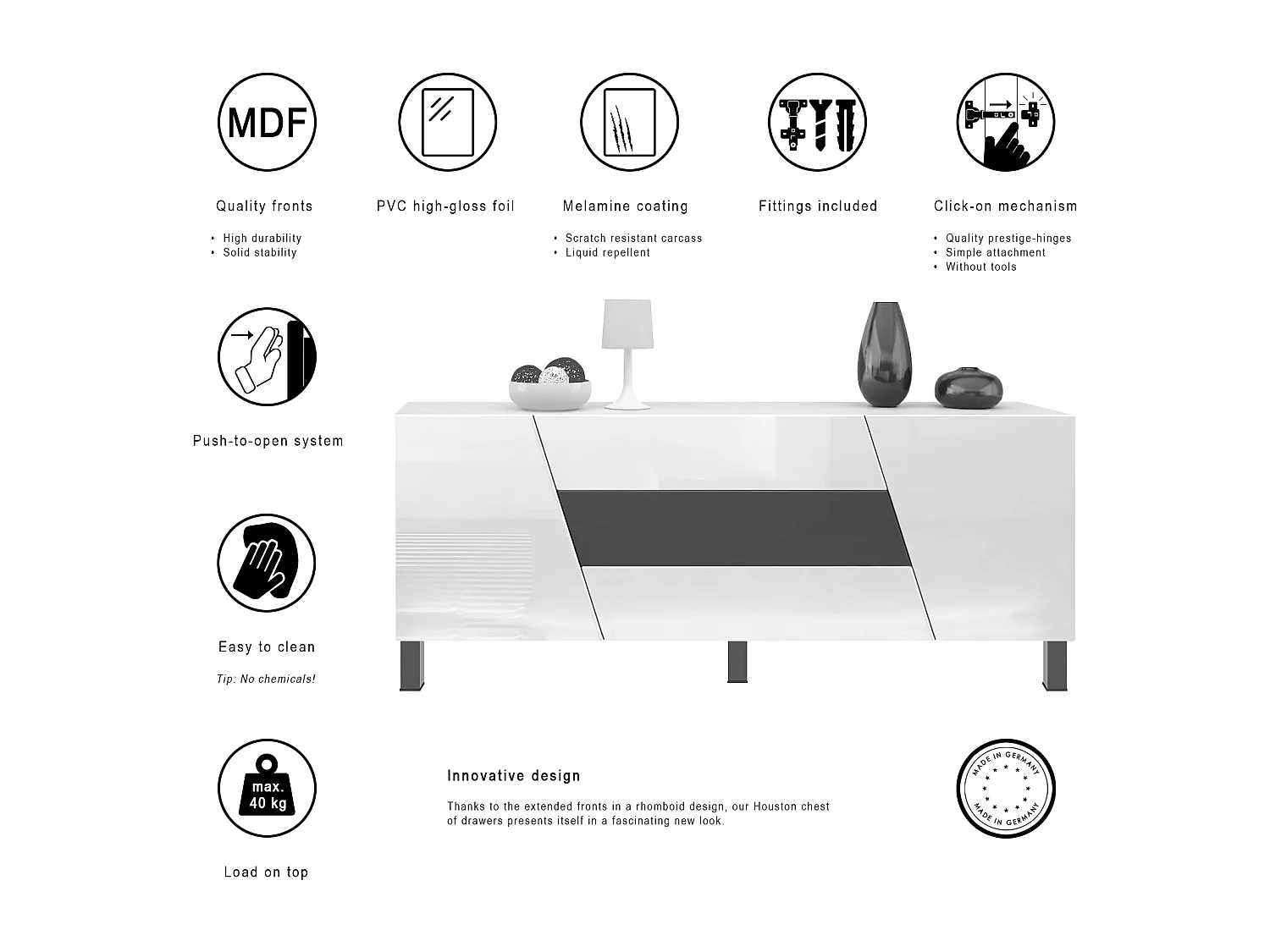 Sideboard Houston, commode suspendue avec 2 portes et 3 tiroirs, blanc mat/blanc brillant, tiroir central noir mat, LED incluse (178x57,5x38,5 cm)