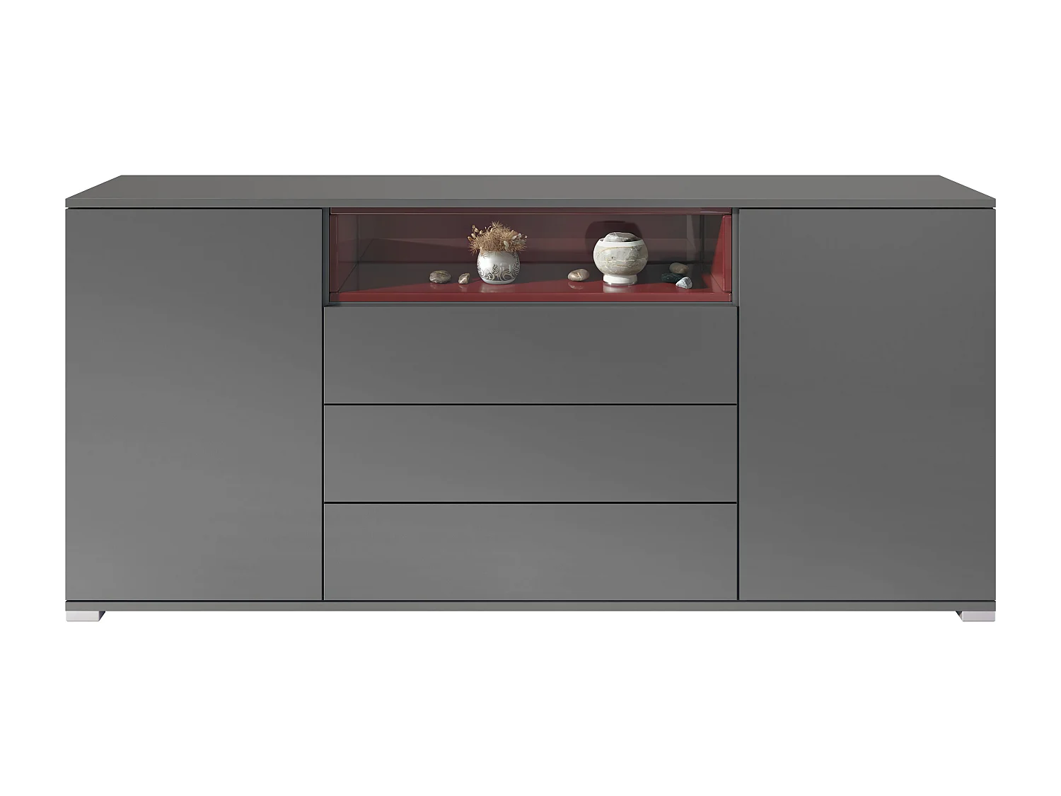 Skadu V4 Buffet, Commode avec 2 portes, 3 tiroirs et 1 compartiment ouvert, anthracite mat/bordeaux haute brillance (166,5 x 75,5 x 35 cm)