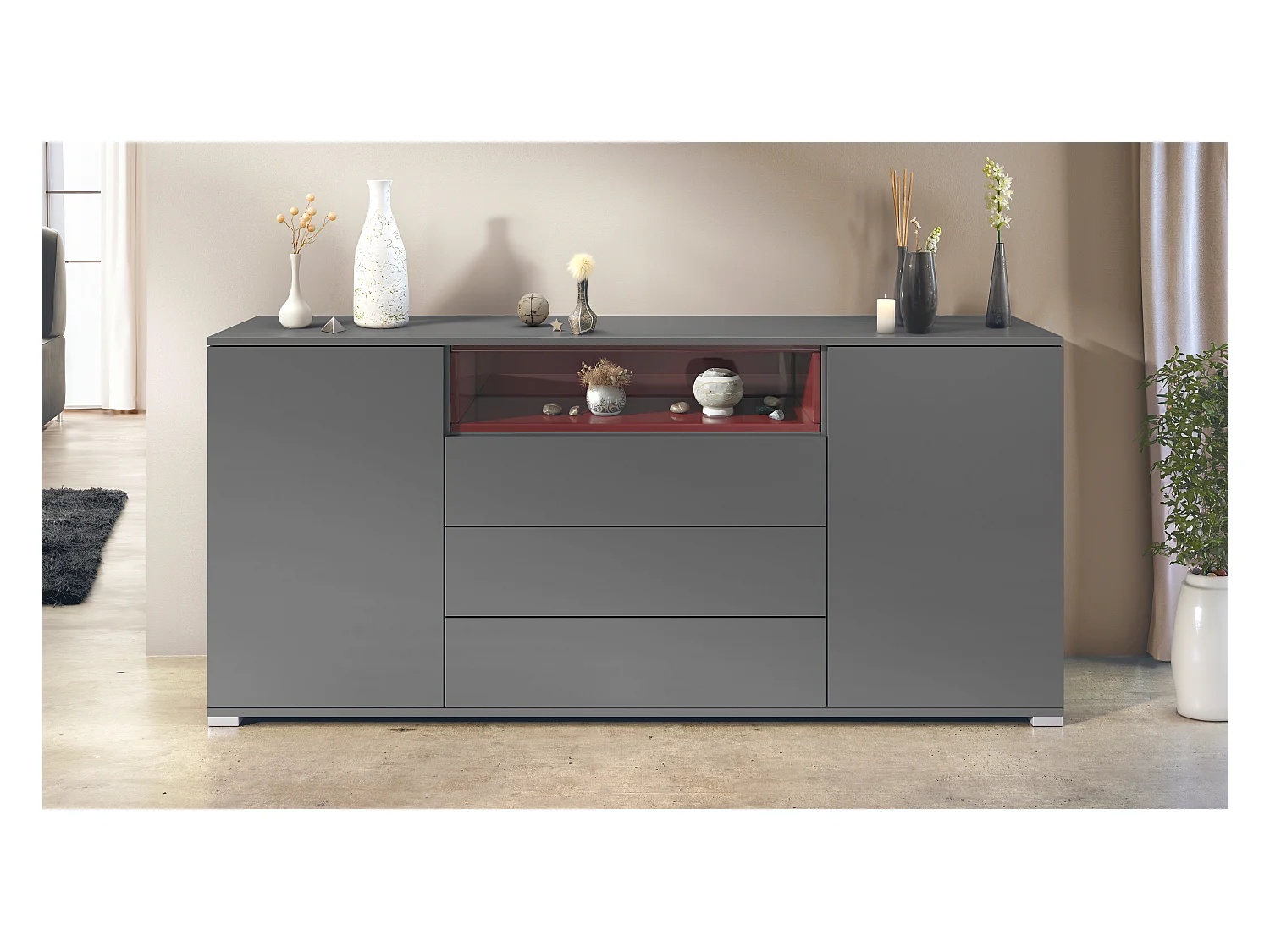 Skadu V4 Buffet, Commode avec 2 portes, 3 tiroirs et 1 compartiment ouvert, anthracite mat/bordeaux haute brillance (166,5 x 75,5 x 35 cm)