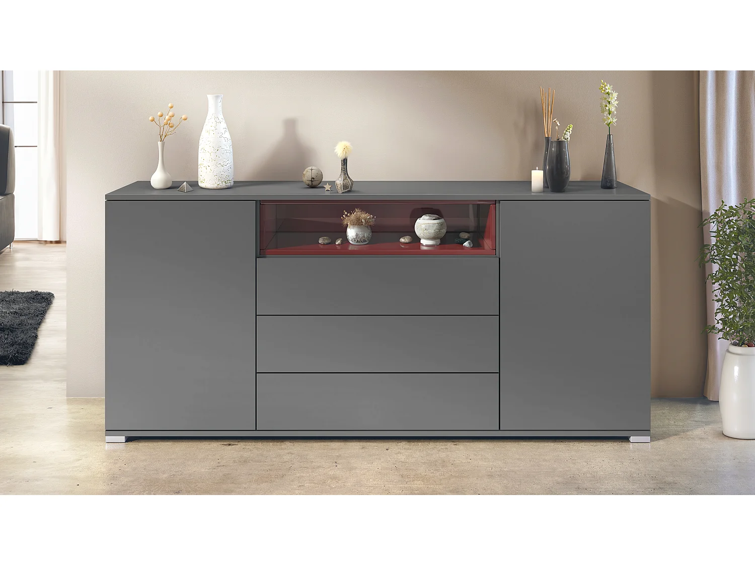 Skadu V4 Buffet, Commode avec 2 portes, 3 tiroirs et 1 compartiment ouvert, anthracite mat/bordeaux haute brillance (166,5 x 75,5 x 35 cm)