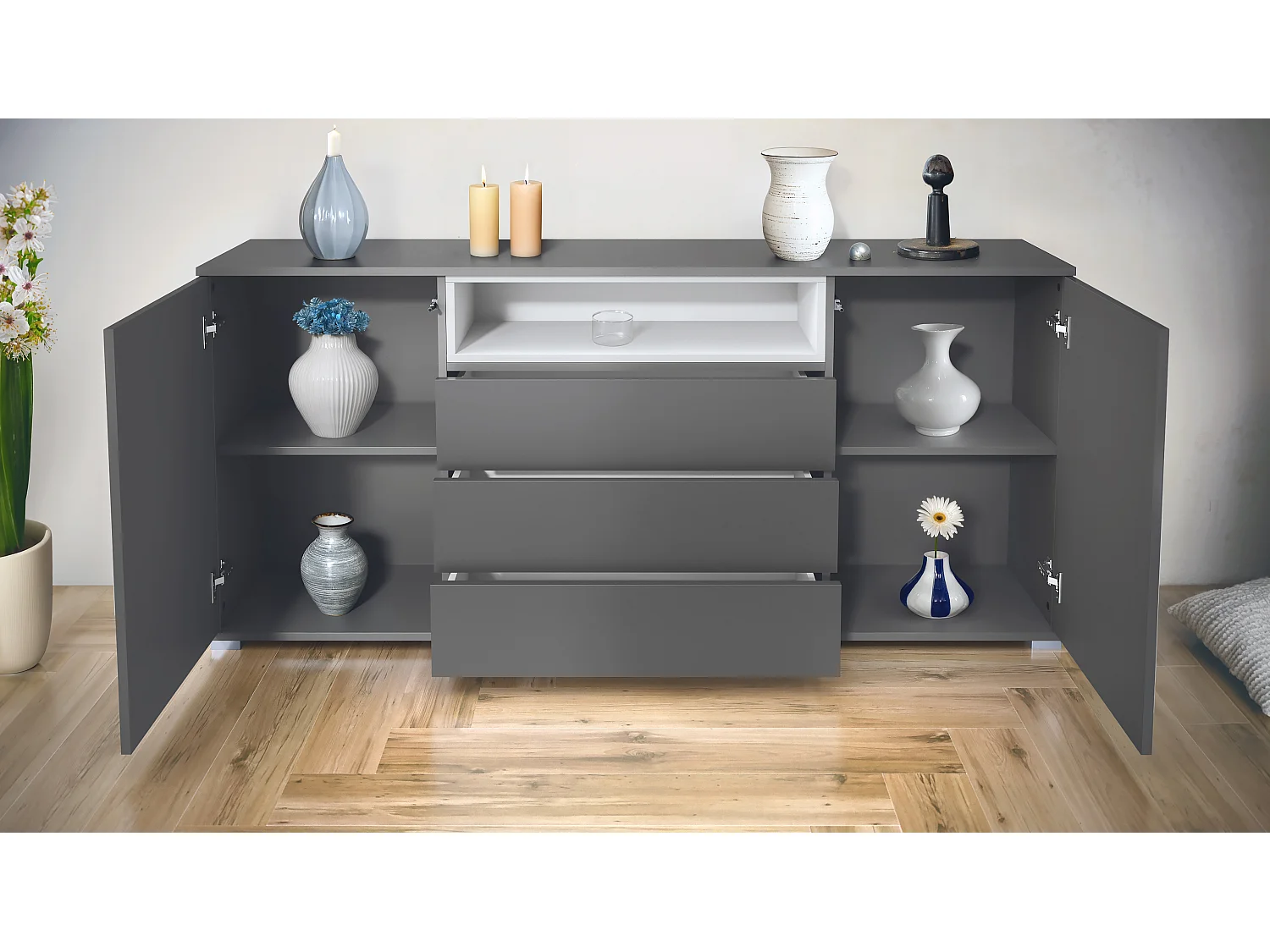 Skadu V4 Buffet, Commode avec 2 portes, 3 tiroirs et 1 compartiment ouvert, anthracite mat/bordeaux haute brillance (166,5 x 75,5 x 35 cm)