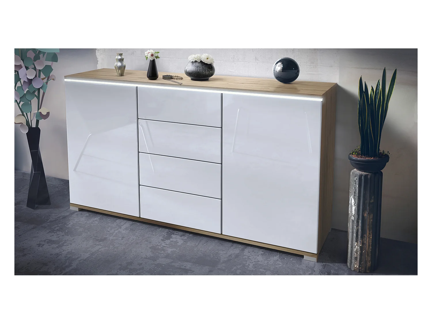 Buffet Faro V1 – Meuble avec 2 Portes & 4 Tiroirs, Armoire avec Bande LED Lumineuse, Chêne Evoke / blanc haute brillance (138,5 x 75,5 x 35)