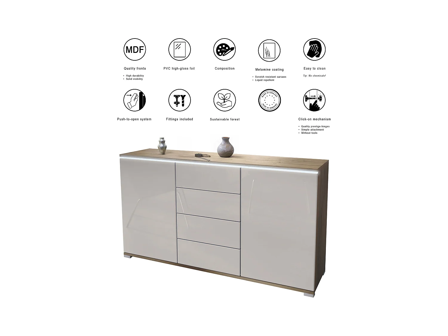 Buffet Faro V1 – Meuble avec 2 Portes & 4 Tiroirs, Armoire avec Bande LED Lumineuse, Chêne Evoke / blanc haute brillance (138,5 x 75,5 x 35)