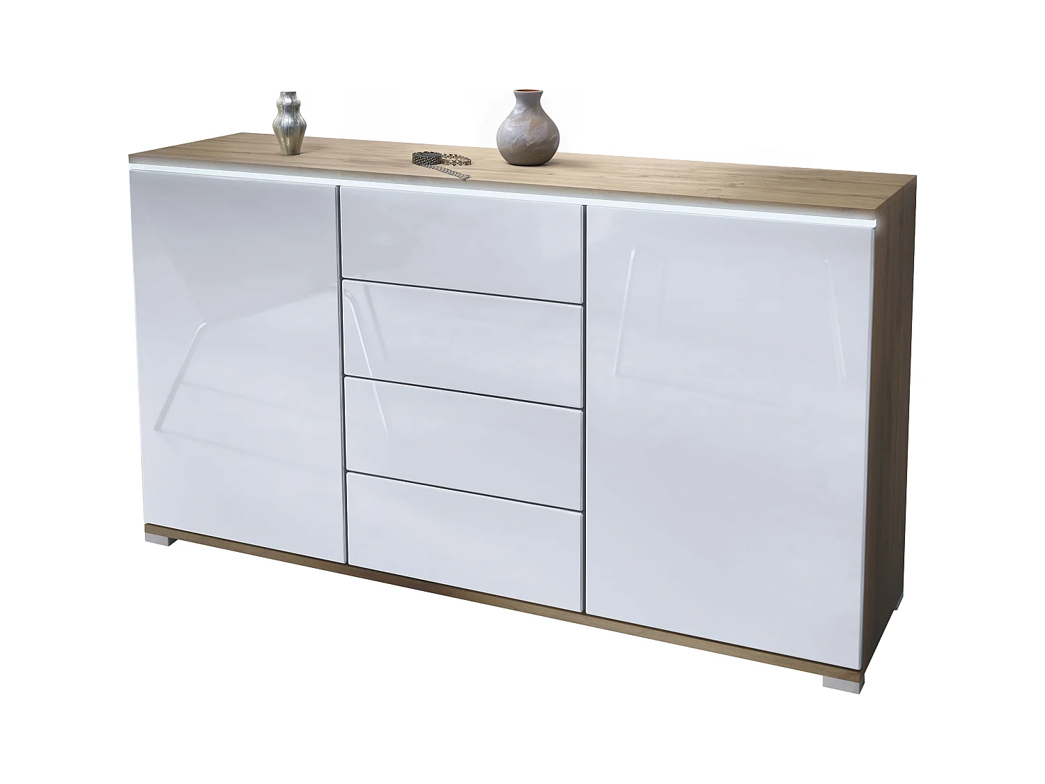 Buffet Faro V1 – Meuble avec 2 Portes & 4 Tiroirs, Armoire avec Bande LED Lumineuse, Chêne Evoke / blanc haute brillance (138,5 x 75,5 x 35)