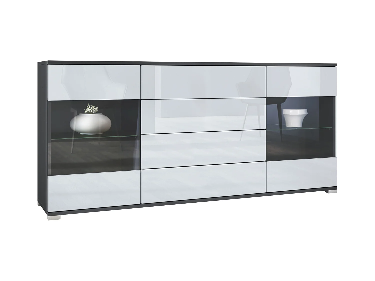 Buffet Bari V2 – Meuble avec 2 Grandes Portes et 4 Tiroirs, anthracite mat/blanc haute brillance (166,5 x 75,5 x 35)