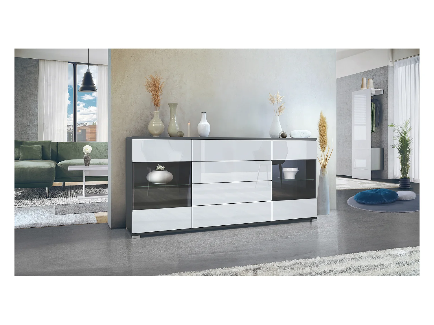 Buffet Bari V2 – Meuble avec 2 Grandes Portes et 4 Tiroirs, anthracite mat/blanc haute brillance (166,5 x 75,5 x 35)