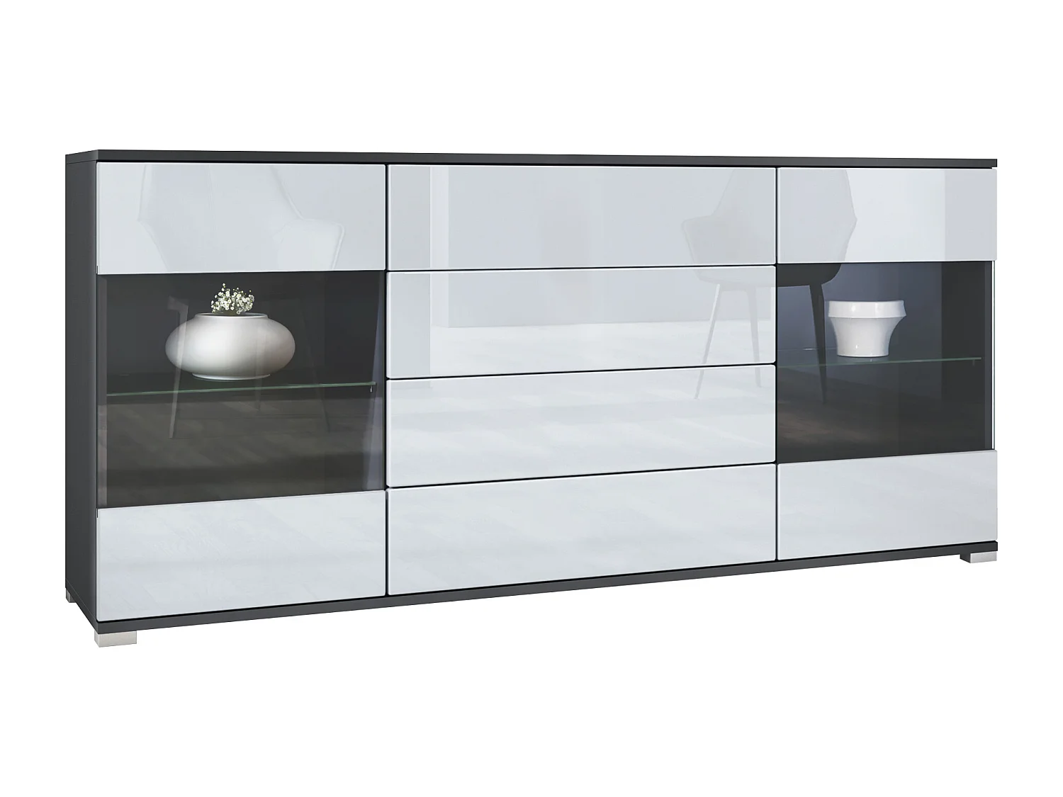 Buffet Bari V2 – Meuble avec 2 Grandes Portes et 4 Tiroirs, anthracite mat/blanc haute brillance (166,5 x 75,5 x 35)
