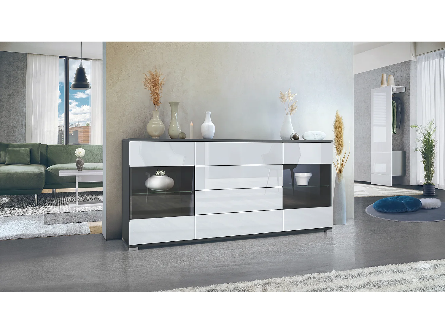 Buffet Bari V2 – Meuble avec 2 Grandes Portes et 4 Tiroirs, anthracite mat/blanc haute brillance (166,5 x 75,5 x 35)