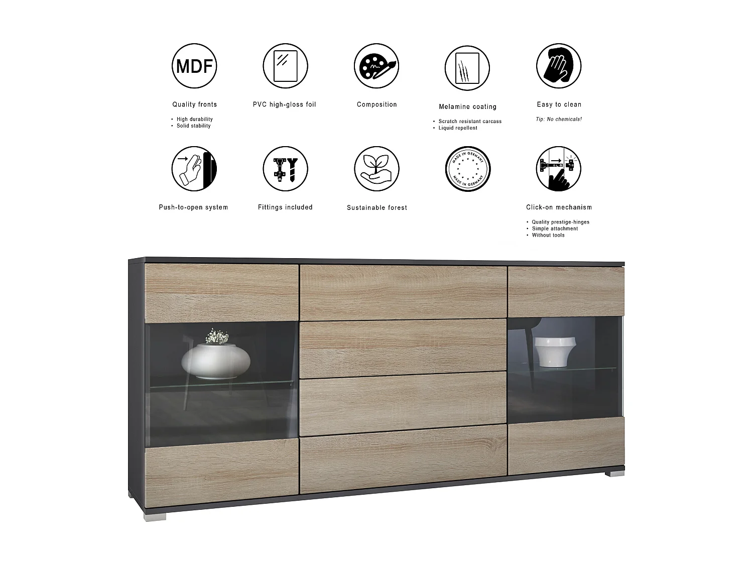 Buffet Bari V2 – Meuble avec 2 Grandes Portes et 4 Tiroirs, anthracite mat/blanc haute brillance (166,5 x 75,5 x 35)