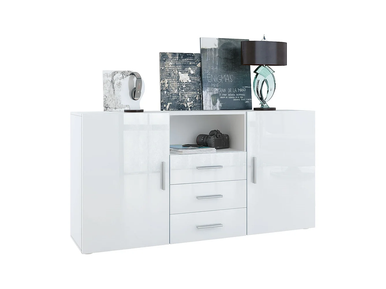 Buffet Skadu, Commode avec 2 portes, 3 tiroirs et 1 compartiment ouvert, blanc mat/blanc haute brillance (138,5 x 71,5 x 35 cm)