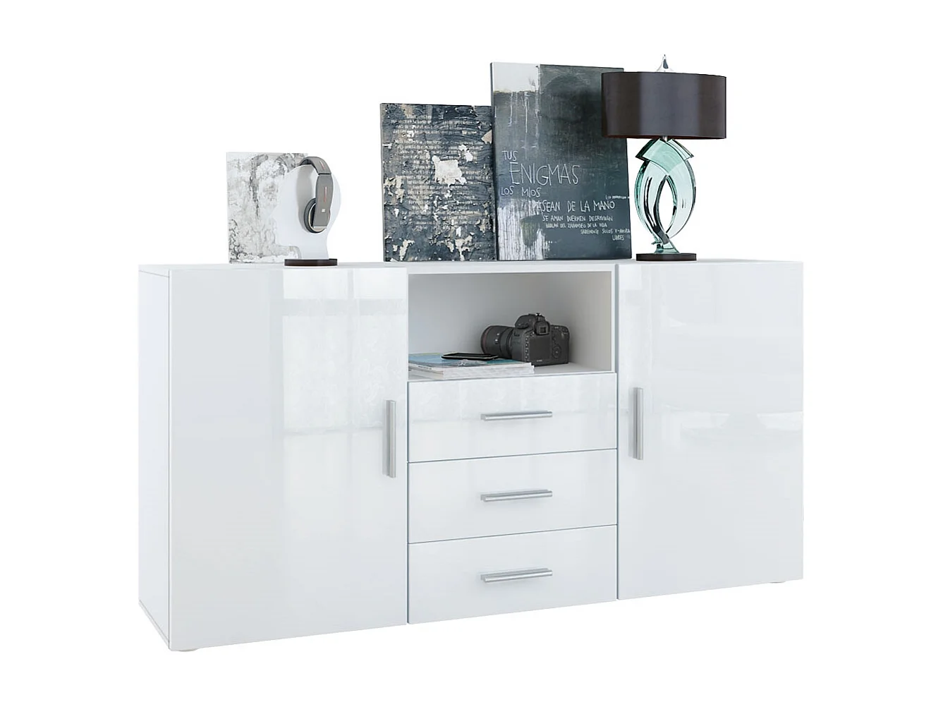 Credenza Skadu, mobile con 2 ante, 3 cassetti e 1 scomparto a giorno, bianco opaco/bianco lucido (138,5 x 71,5 x 35 cm)
