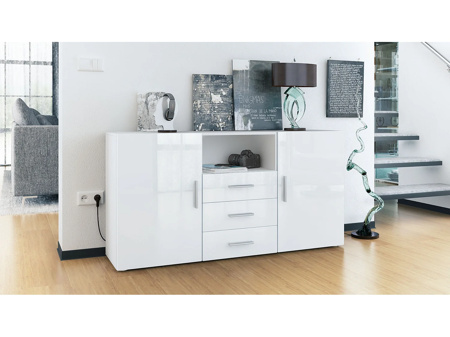 Credenza Skadu, mobile con 2 ante, 3 cassetti e 1 scomparto a giorno, bianco opaco/bianco lucido (138,5 x 71,5 x 35 cm)