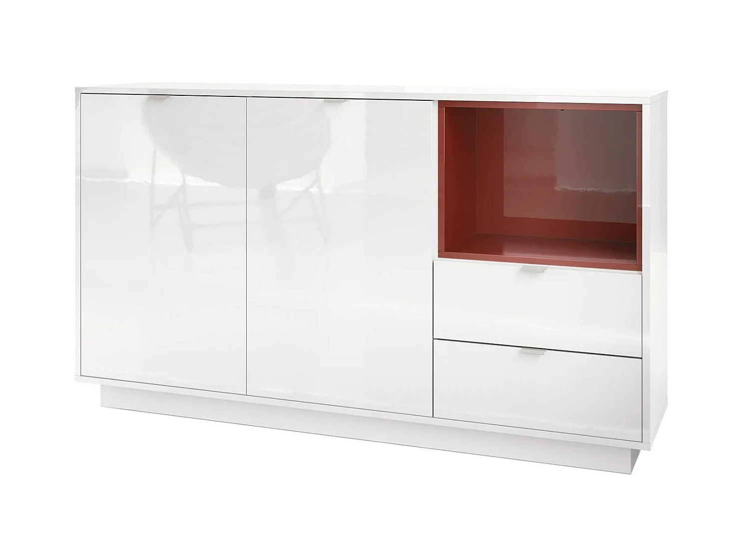 Buffet Armoire Metro, Corps en Blanc haute brillance / Façades en Blanc haute brillance avec une insertion en Bordeaux haute brillance