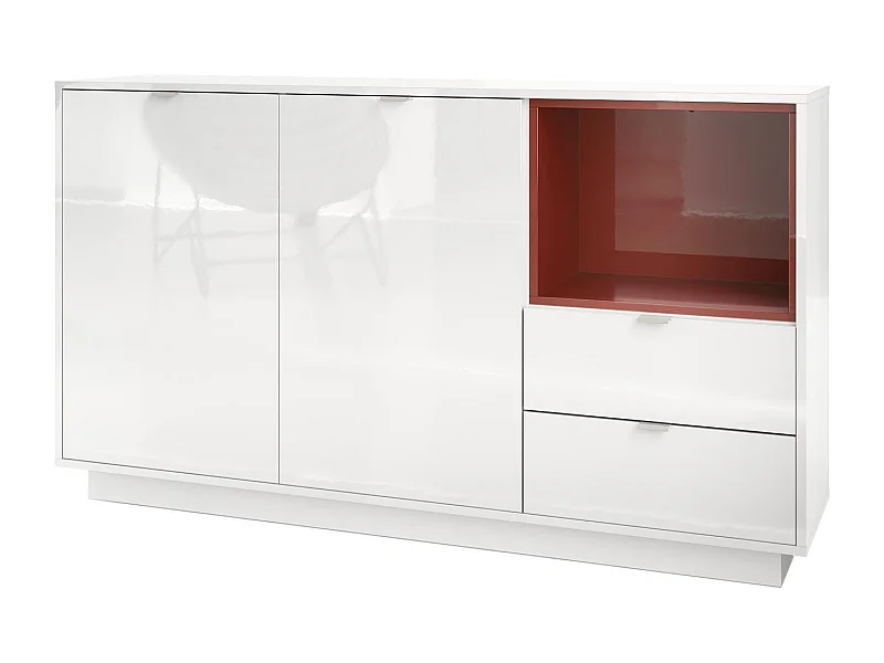 Buffet Armoire Metro, Corps en Blanc haute brillance / Façades en Blanc haute brillance avec une insertion en Bordeaux haute brillance