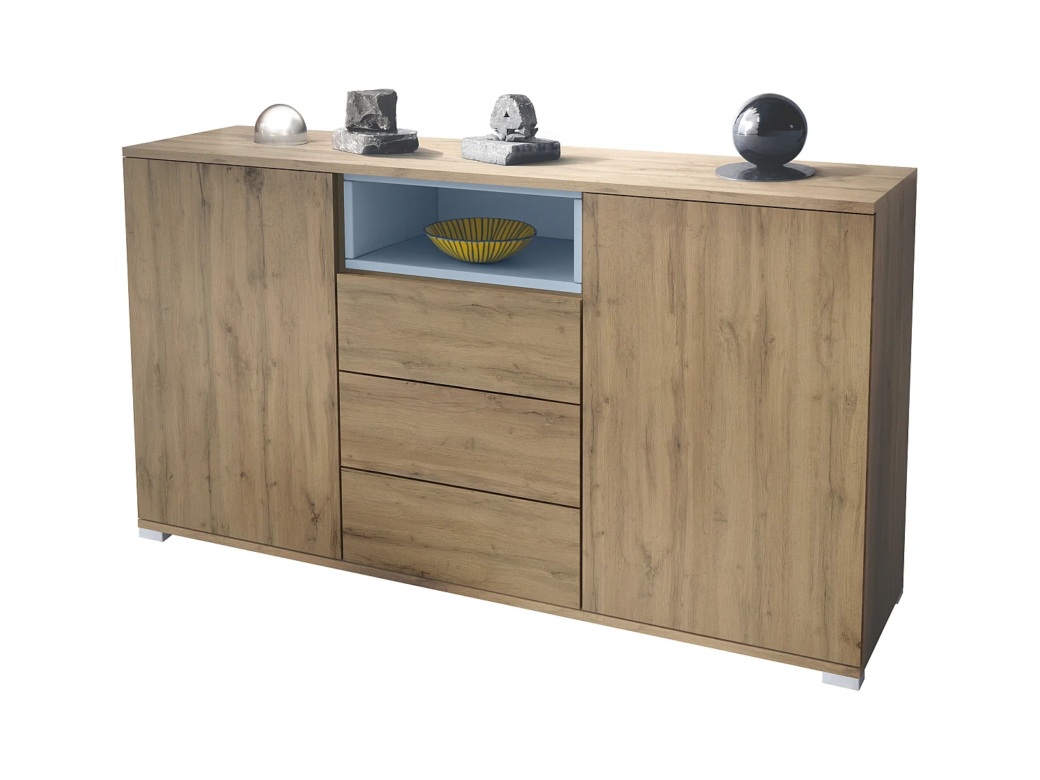 Skadu V2 Buffet, Commode avec 2 portes, 3 tiroirs et 1 compartiment ouvert, Chêne Evoke/denim mat (138,5 x 75,5 x 35 cm)