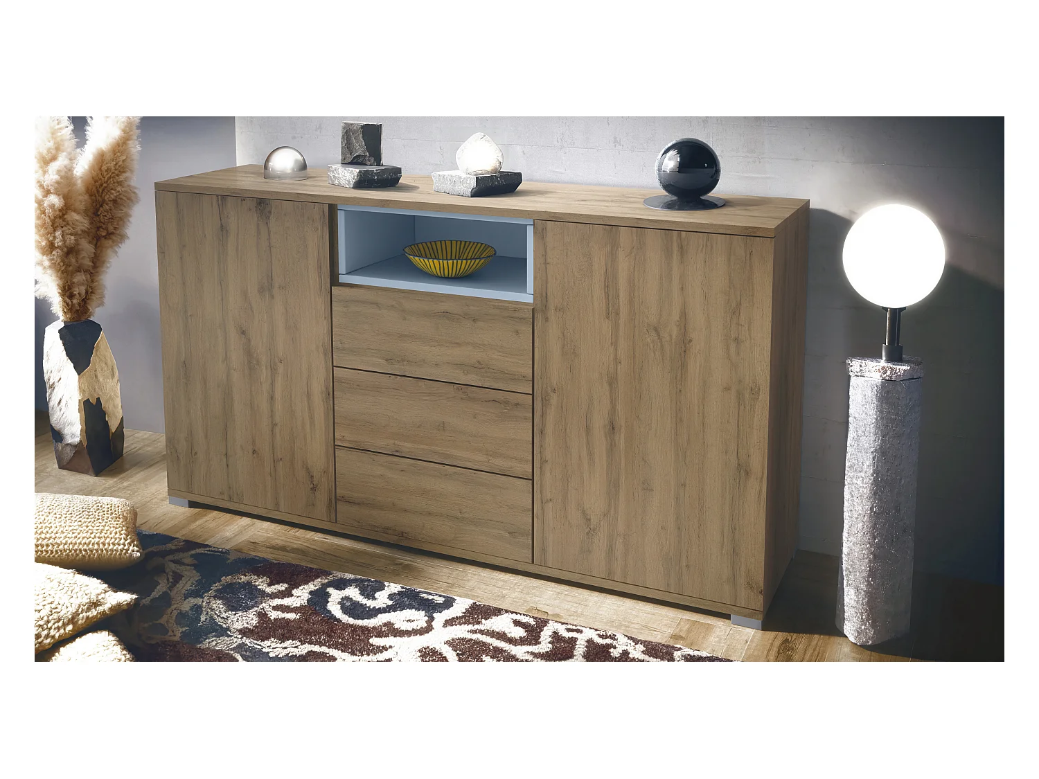 Skadu V2 Buffet, Commode avec 2 portes, 3 tiroirs et 1 compartiment ouvert, Chêne Evoke/denim mat (138,5 x 75,5 x 35 cm)