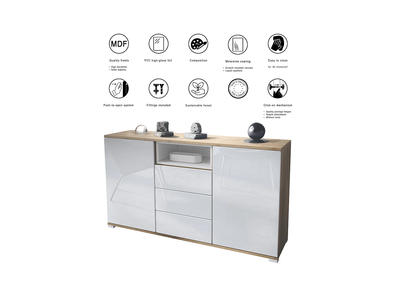 Skadu V2 Buffet, Commode avec 2 portes, 3 tiroirs et 1 compartiment ouvert, Chêne Evoke/denim mat (138,5 x 75,5 x 35 cm)