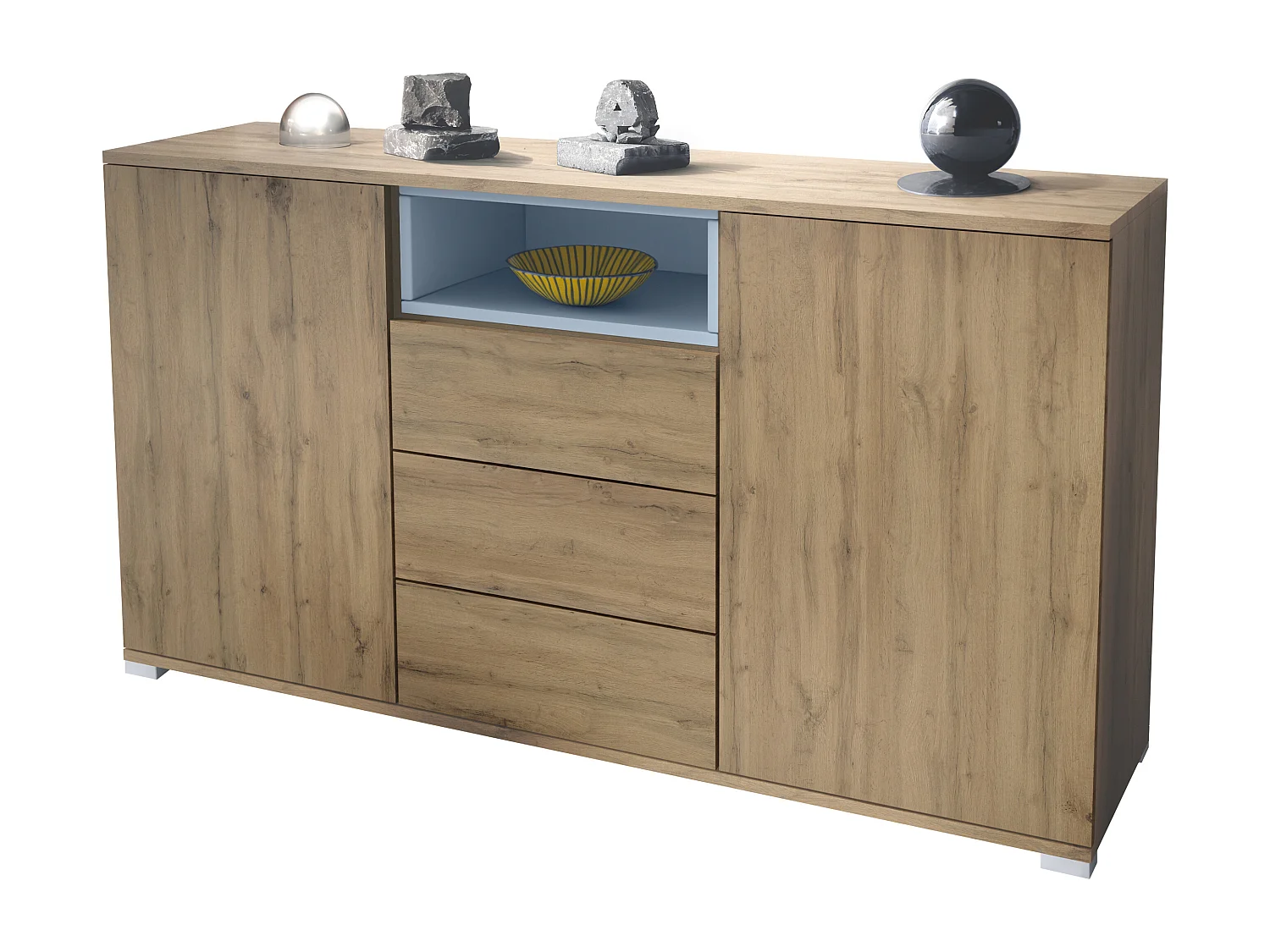 Skadu V2 Credenza, mobile con 2 ante, 3 cassetti e 1 scomparto a giorno, Quercia Evoca/denim opaco (138,5 x 75,5 x 35 cm)