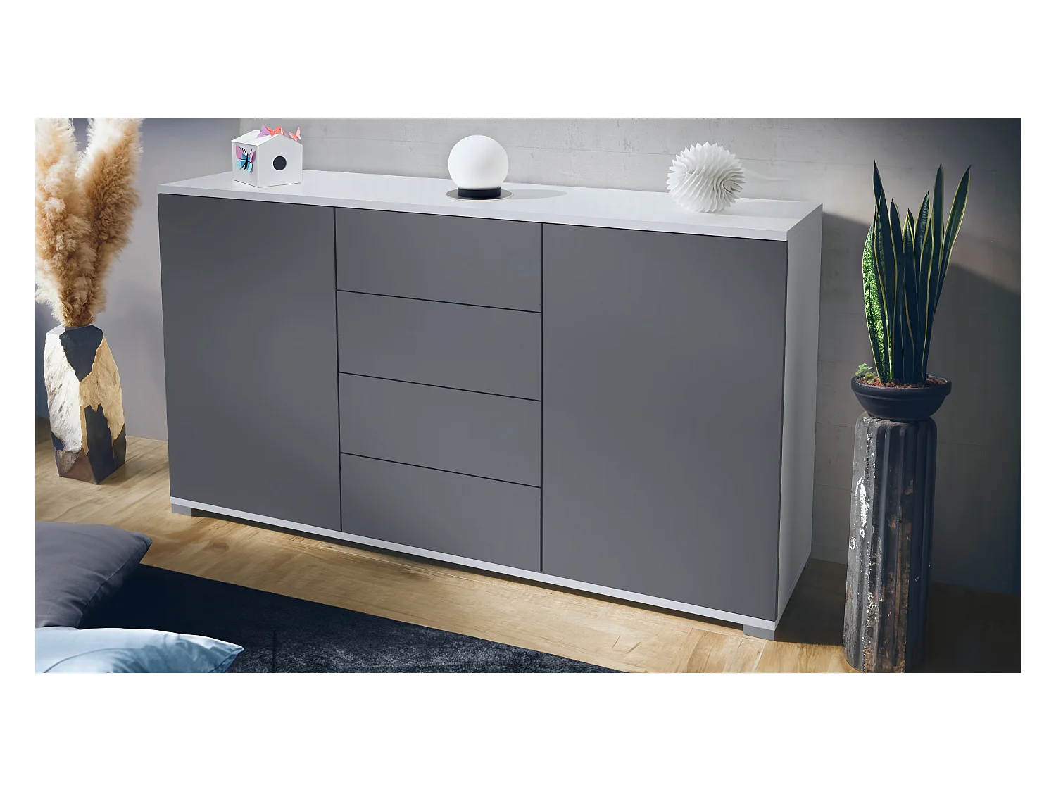 Buffet Santo V1, Enfilade avec 2 portes et 4 tiroirs, blanc mat / anthracite mat (138,5 x 75,5 x 35 cm)