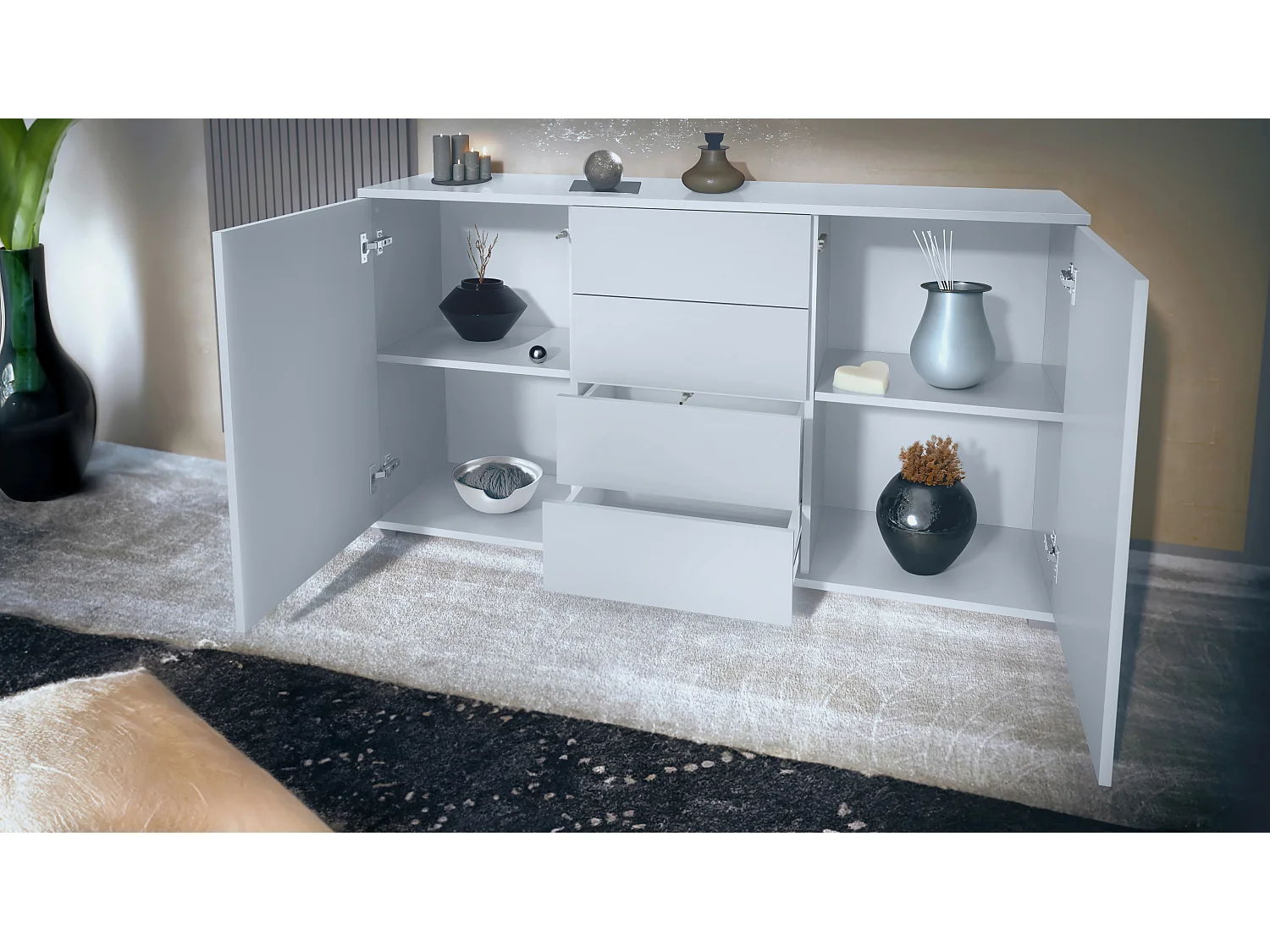 Buffet Santo V1, Enfilade avec 2 portes et 4 tiroirs, blanc mat / anthracite mat (138,5 x 75,5 x 35 cm)