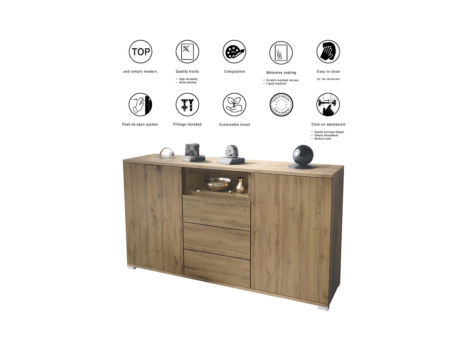 Skadu V2 Buffet, Commode avec 2 portes, 3 tiroirs et 1 compartiment ouvert, Chêne Evoke/noir mat (138,5 x 75,5 x 35 cm)