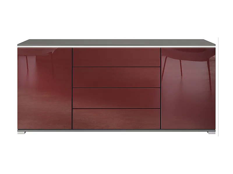 Credenza Faro V2 – Mobile con 2 Ante e 4 Cassetti, Armadio con Striscia LED Luminosa, antracite opaco  / bordeaux lucido (166,5 x 75,5 x 35)