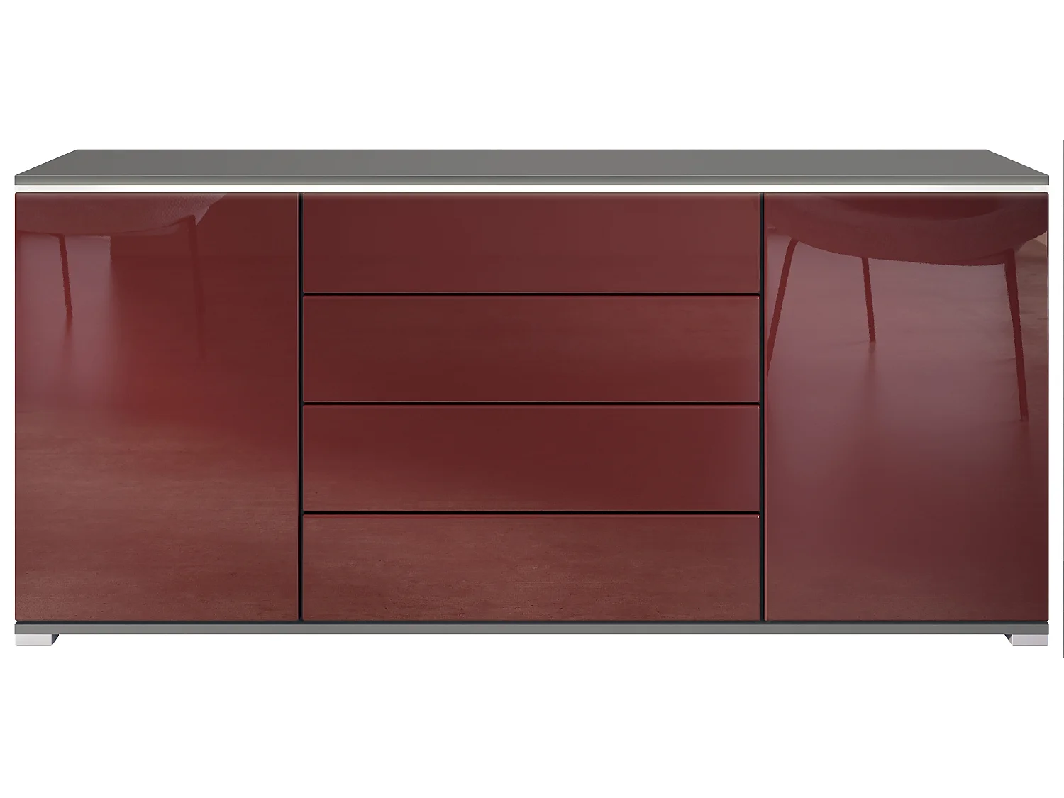 Buffet Faro V2 – Meuble avec 2 Portes & 4 Tiroirs, Armoire avec Bande LED Lumineuse, anthracite mat / bordeaux haute brillance (166,5 x 75,5 x 35)