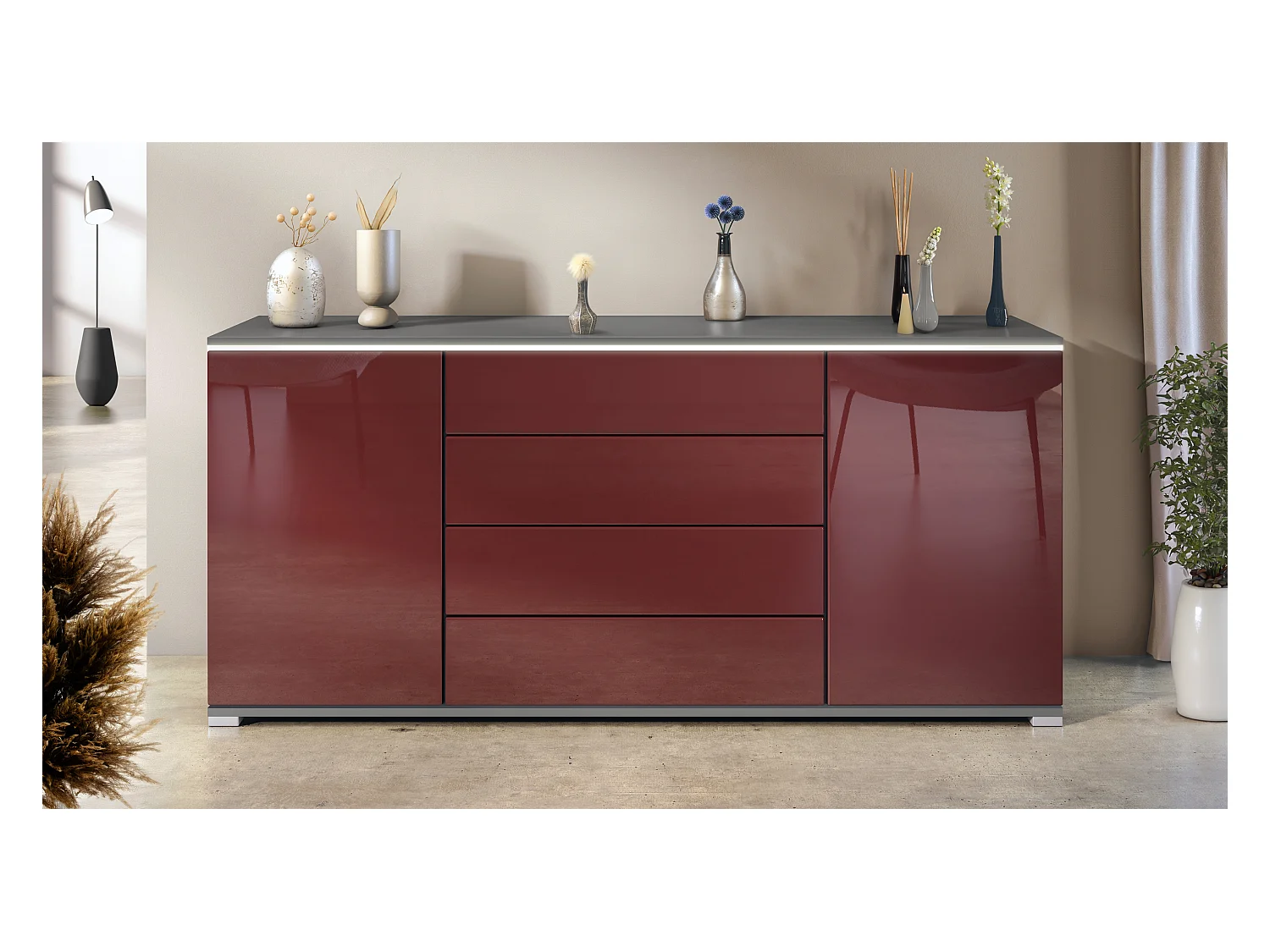 Buffet Faro V2 – Meuble avec 2 Portes & 4 Tiroirs, Armoire avec Bande LED Lumineuse, anthracite mat / bordeaux haute brillance (166,5 x 75,5 x 35)