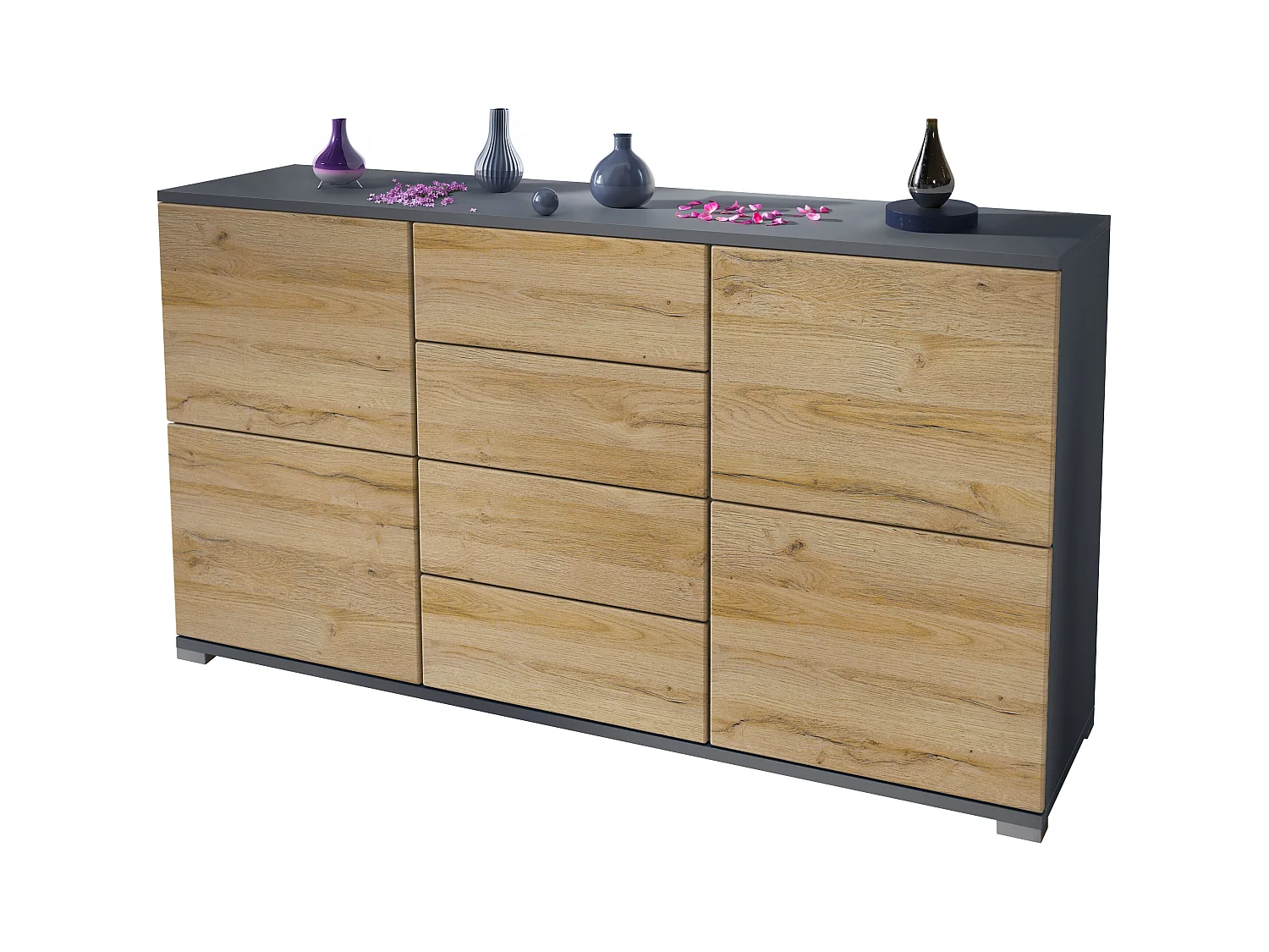 Buffet Rova V1 – Meuble avec 4 Portes et 4 Tiroirs, anthracite mat/chêne nature (138,5 x 75,5 x 35)