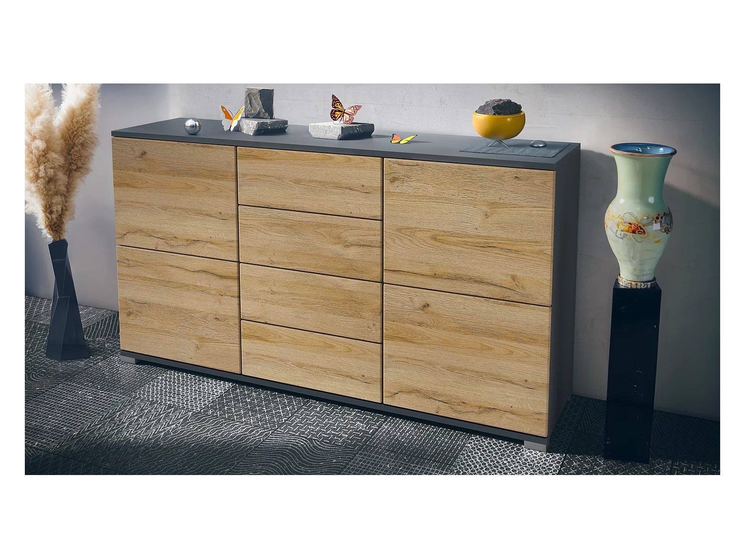 Buffet Rova V1 – Meuble avec 4 Portes et 4 Tiroirs, anthracite mat/chêne nature (138,5 x 75,5 x 35)