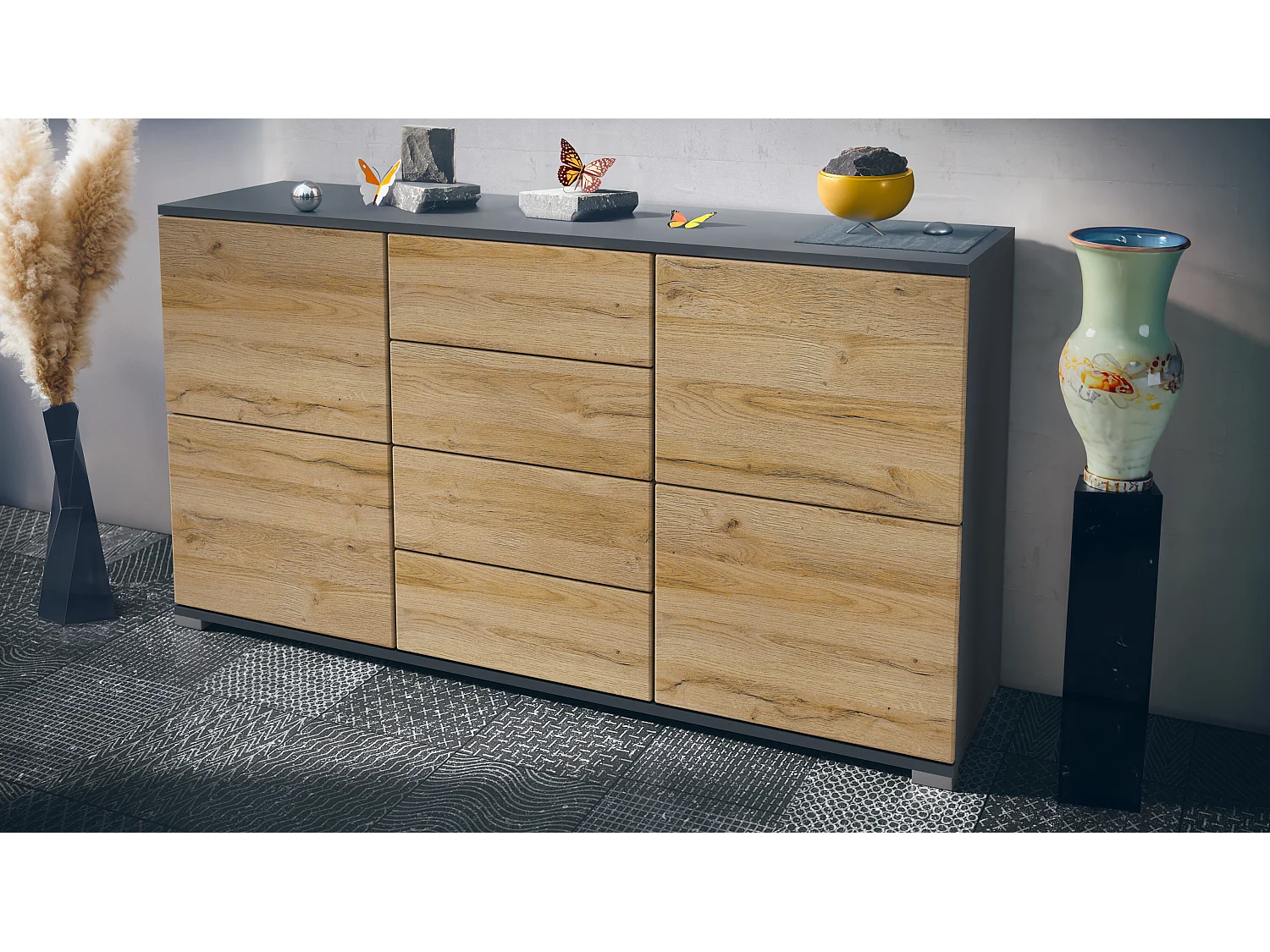 Buffet Rova V1 – Meuble avec 4 Portes et 4 Tiroirs, anthracite mat/chêne nature (138,5 x 75,5 x 35)