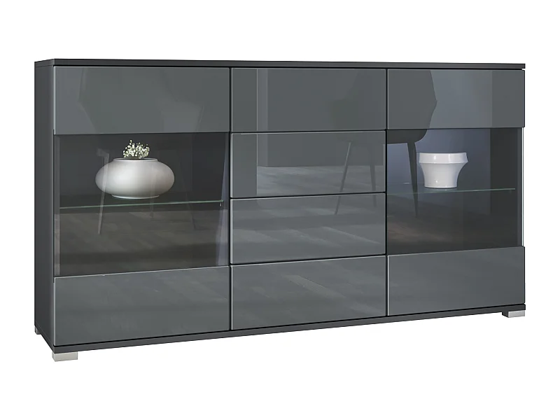 Buffet Bari V1 – Meuble avec 2 Grandes Portes et 4 Tiroirs, anthracite mat/gris haute brillance (138,5 x 75,5 x 35)