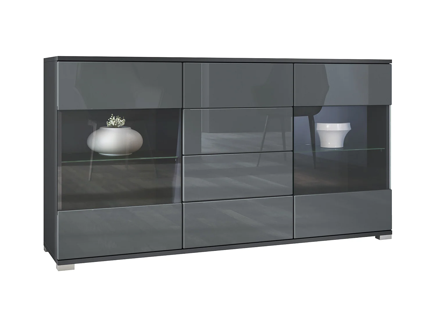 Buffet Bari V1 – Meuble avec 2 Grandes Portes et 4 Tiroirs, anthracite mat/gris haute brillance (138,5 x 75,5 x 35)