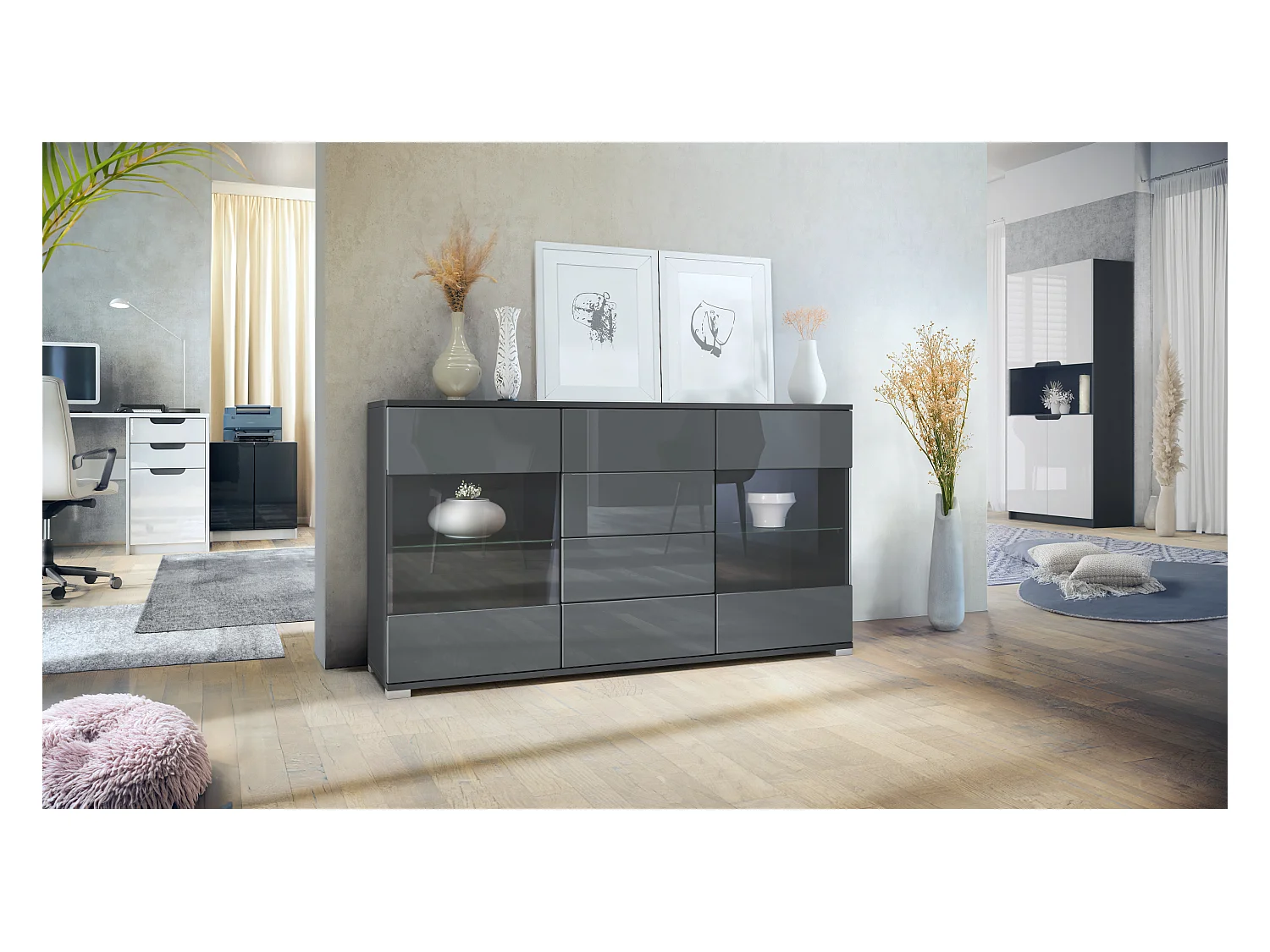 Buffet Bari V1 – Meuble avec 2 Grandes Portes et 4 Tiroirs, anthracite mat/gris haute brillance (138,5 x 75,5 x 35)