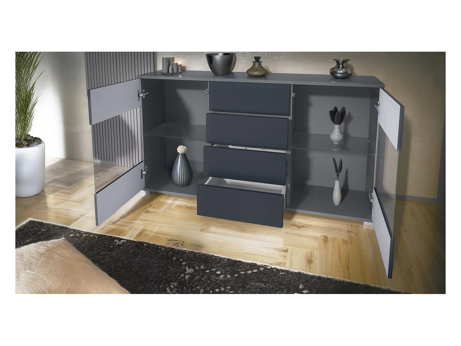 Buffet Bari V1 – Meuble avec 2 Grandes Portes et 4 Tiroirs, anthracite mat/gris haute brillance (138,5 x 75,5 x 35)