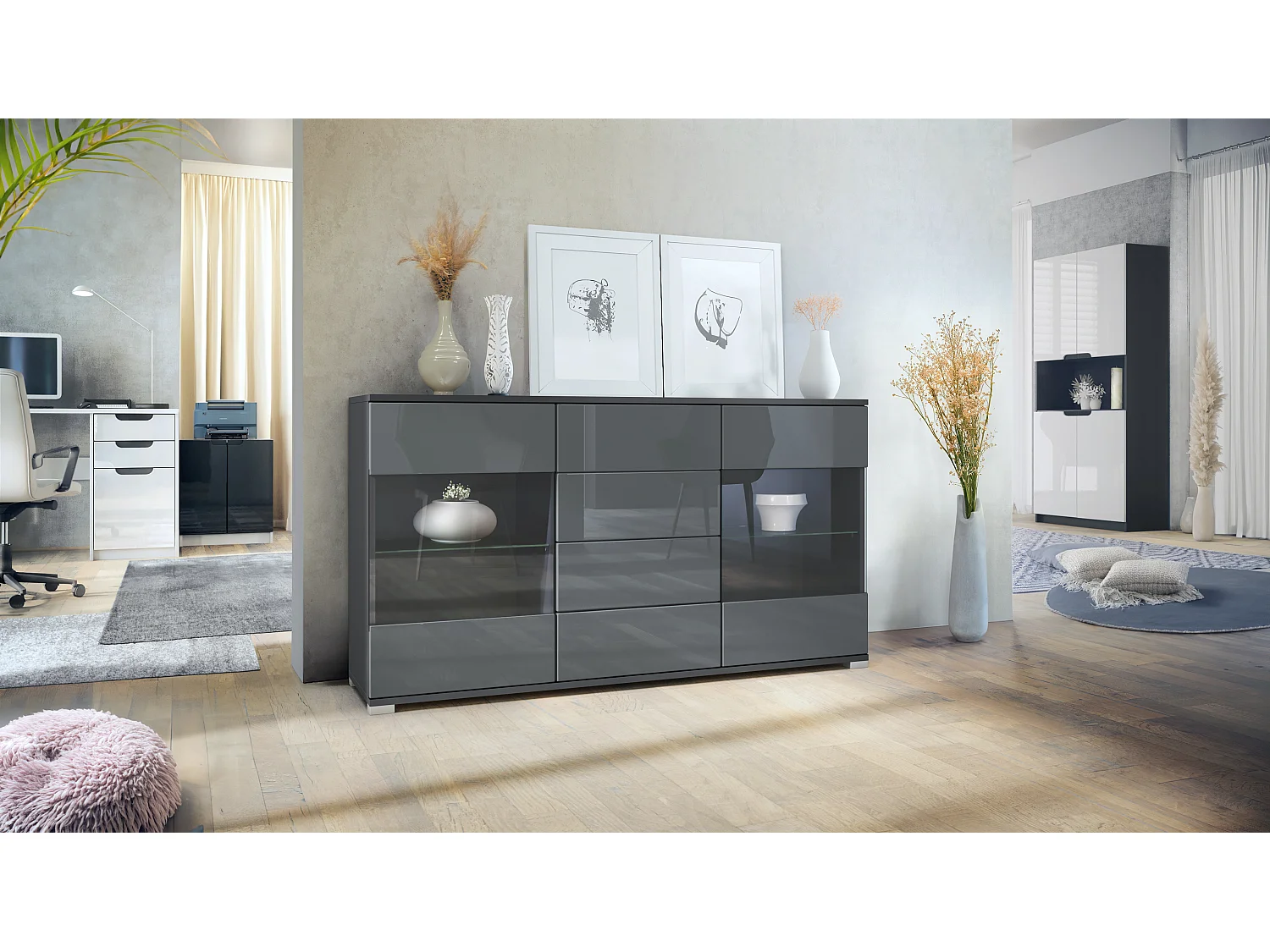 Credenza Bari  V1 – Mobile con 2 Grandi Ante e 4 Cassetti, antracite opaco /grigio lucido (138,5 x 75,5 x 35)