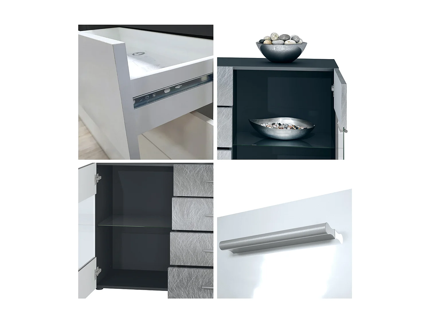 Credenza Bari  V1 – Mobile con 2 Grandi Ante e 4 Cassetti, antracite opaco /grigio lucido (138,5 x 75,5 x 35)