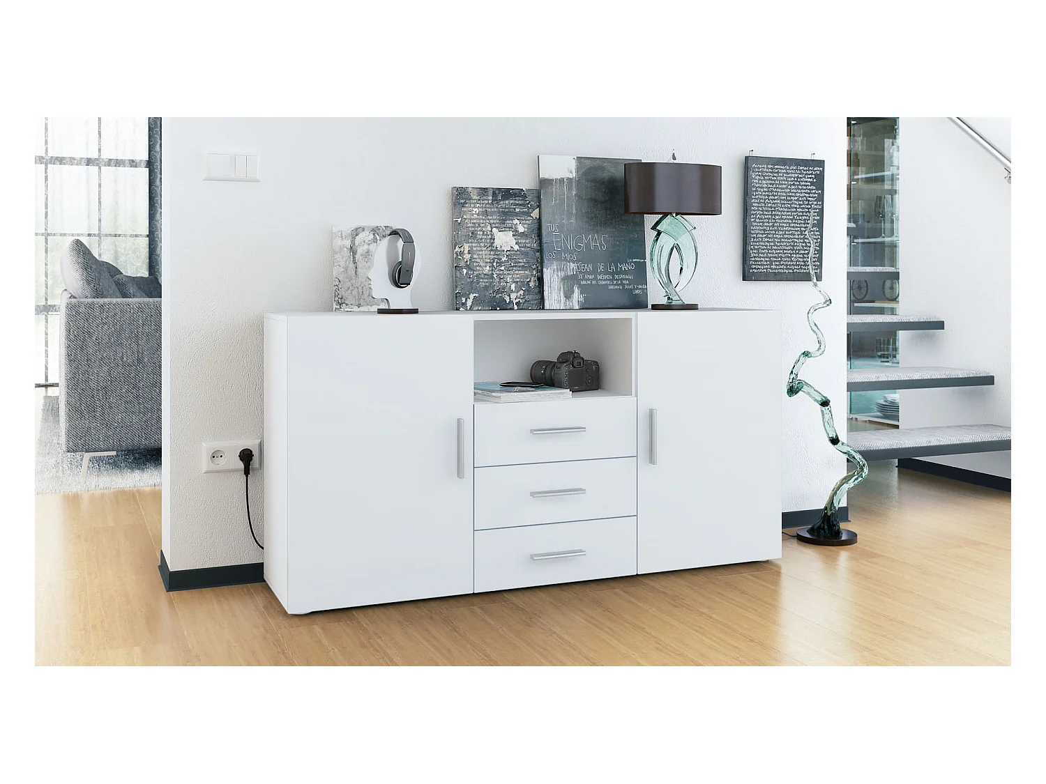 Buffet Skadu, Commode avec 2 portes, 3 tiroirs et 1 compartiment ouvert, blanc mat/blanc mat (138,5 x 71,5 x 35 cm)