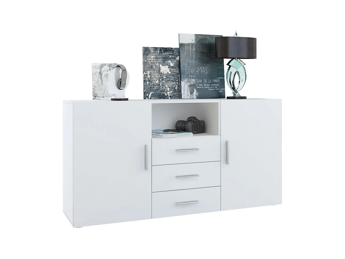 Buffet Skadu, Commode avec 2 portes, 3 tiroirs et 1 compartiment ouvert, blanc mat/blanc mat (138,5 x 71,5 x 35 cm)