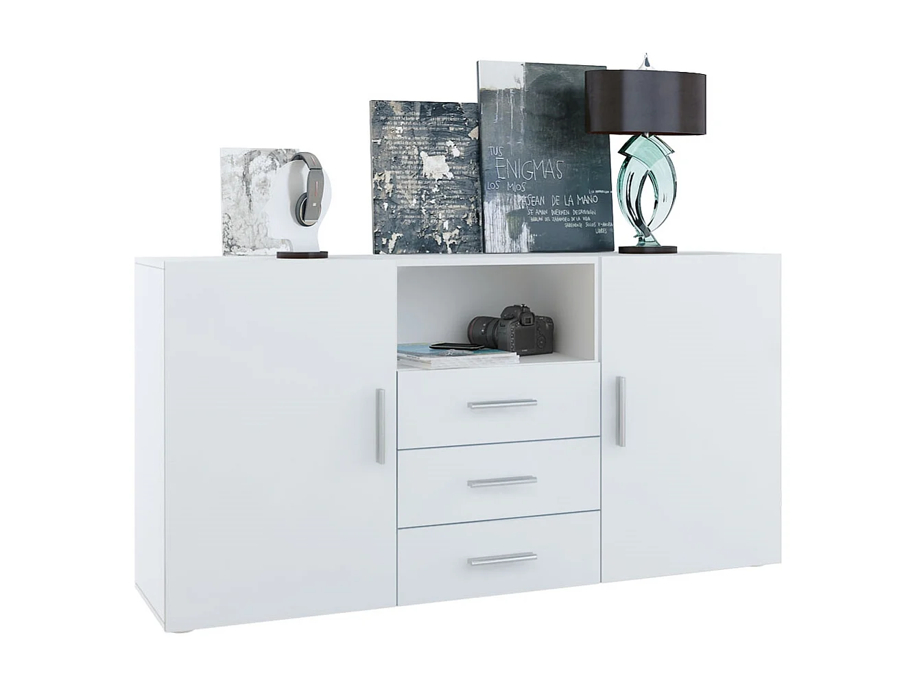 Buffet Skadu, Commode avec 2 portes, 3 tiroirs et 1 compartiment ouvert, blanc mat/blanc mat (138,5 x 71,5 x 35 cm)