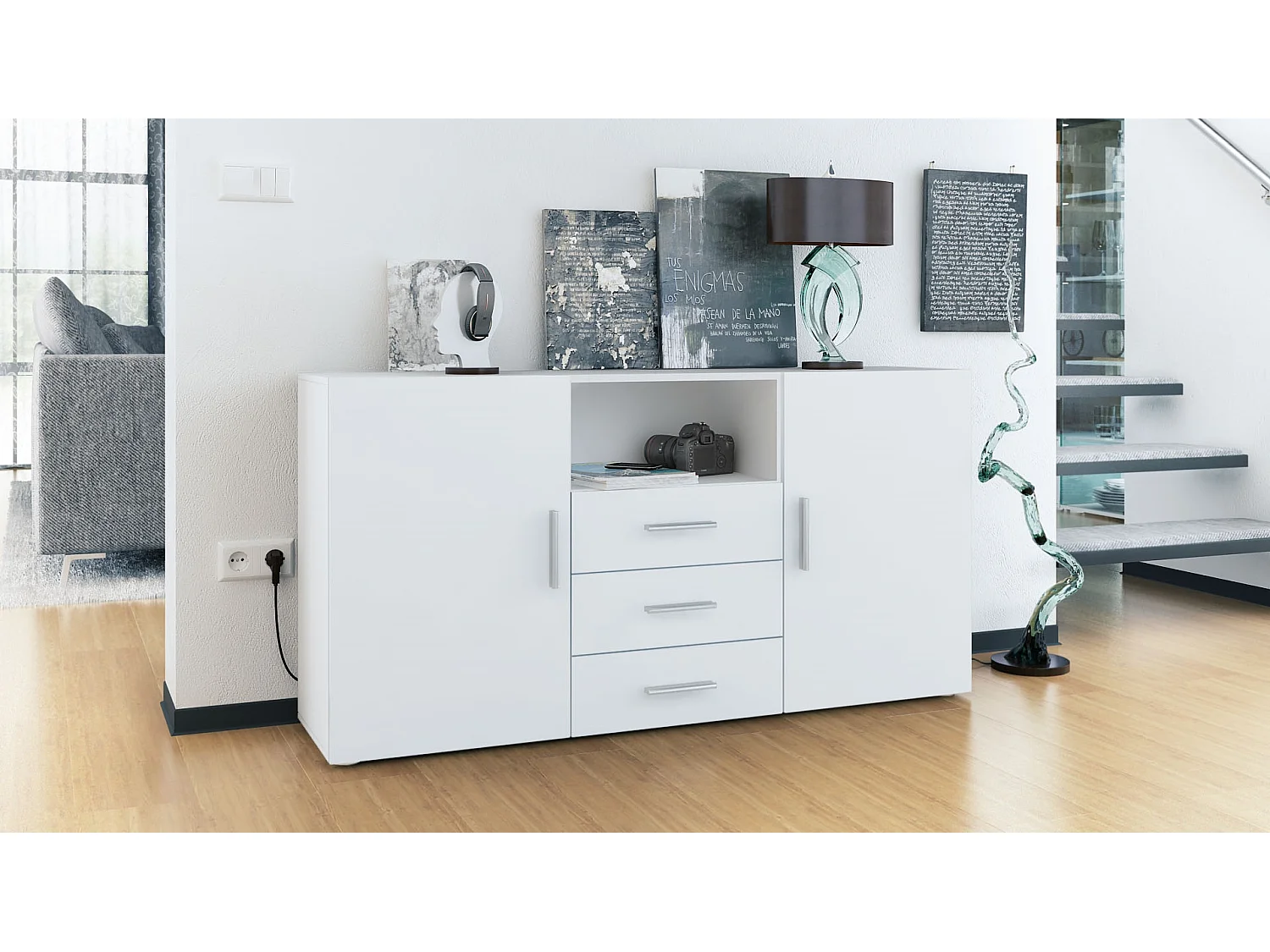 Buffet Skadu, Commode avec 2 portes, 3 tiroirs et 1 compartiment ouvert, blanc mat/blanc mat (138,5 x 71,5 x 35 cm)