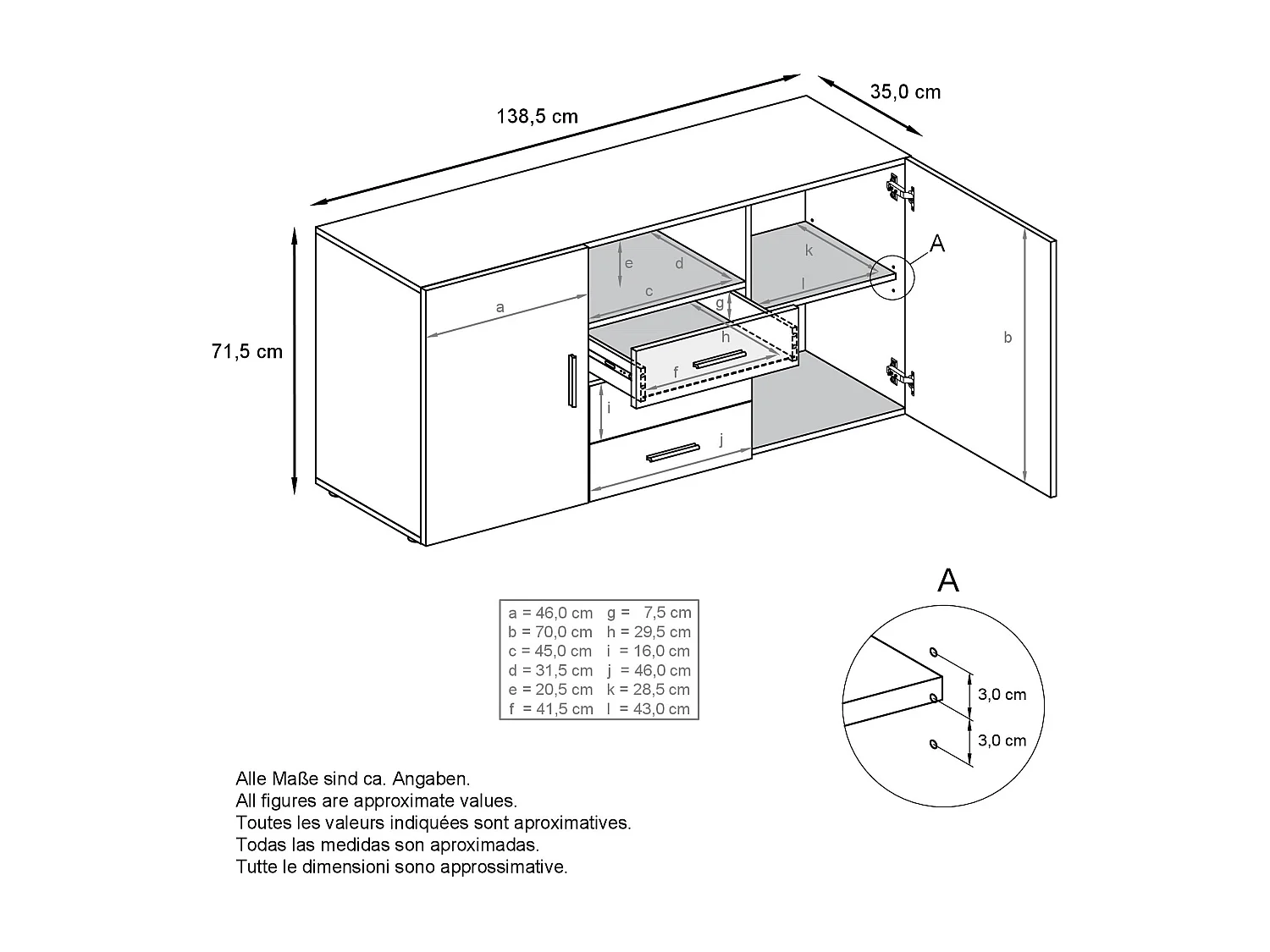 Buffet Skadu, Commode avec 2 portes, 3 tiroirs et 1 compartiment ouvert, blanc mat/blanc mat (138,5 x 71,5 x 35 cm)
