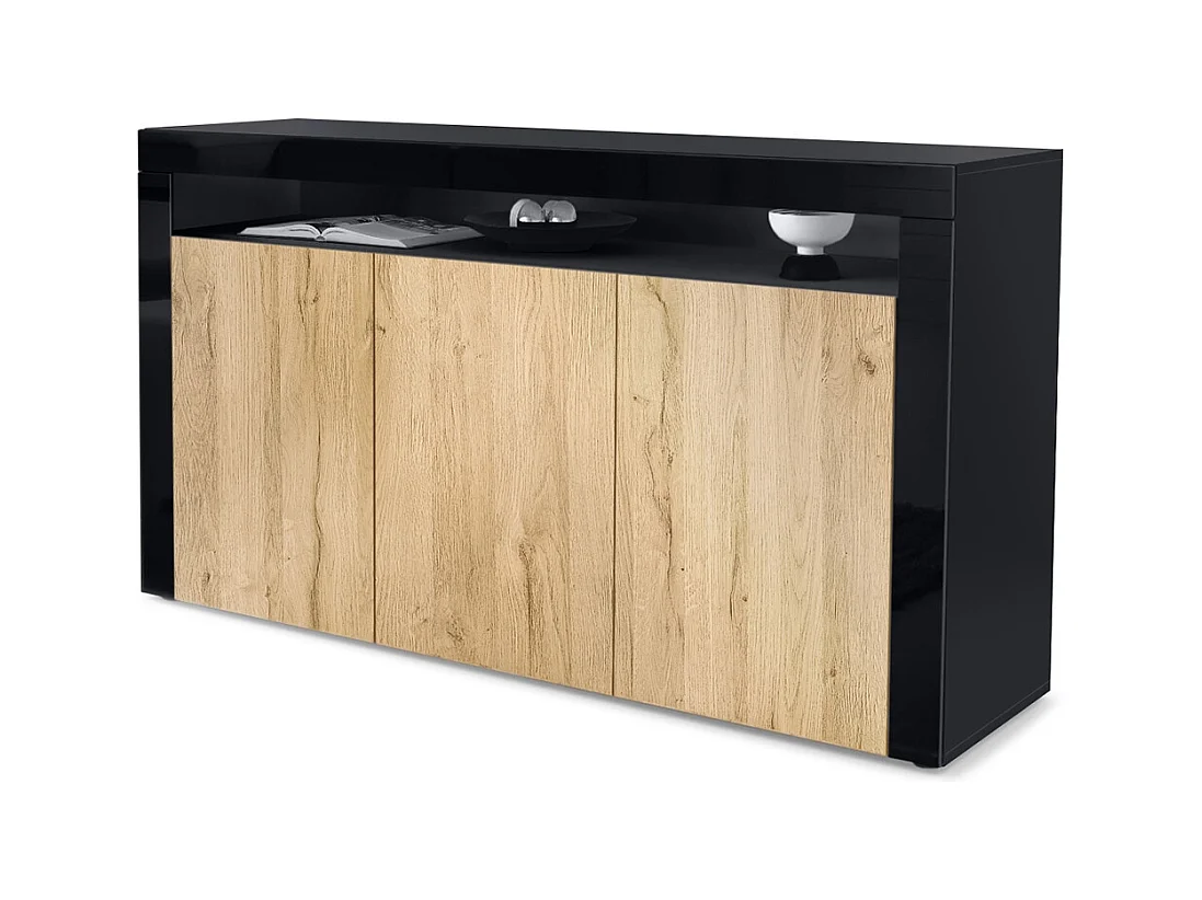 Buffet Valencia, Commode avec 3 portes et 1 compartiment ouvert, Noir mat/chêne nature/noir haute brillance (155 x 92 x 40 cm)