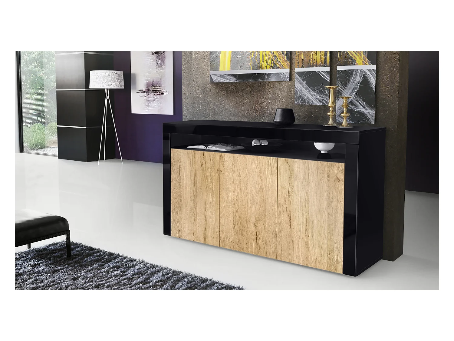 Buffet Valencia, Commode avec 3 portes et 1 compartiment ouvert, Noir mat/chêne nature/noir haute brillance (155 x 92 x 40 cm)
