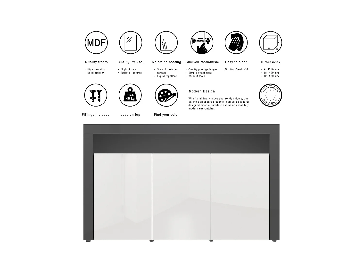 Buffet Valencia, Commode avec 3 portes et 1 compartiment ouvert, Noir mat/chêne nature/noir haute brillance (155 x 92 x 40 cm)